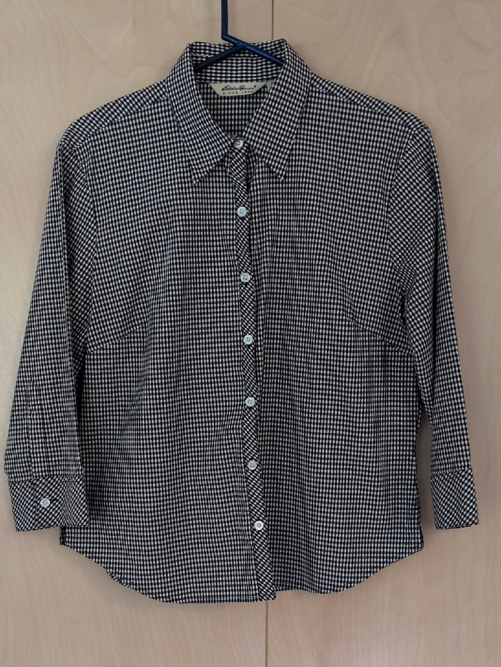 Eddie Bauer Black & White Gingham Cotton Shirt 3/4 Sleeve.
